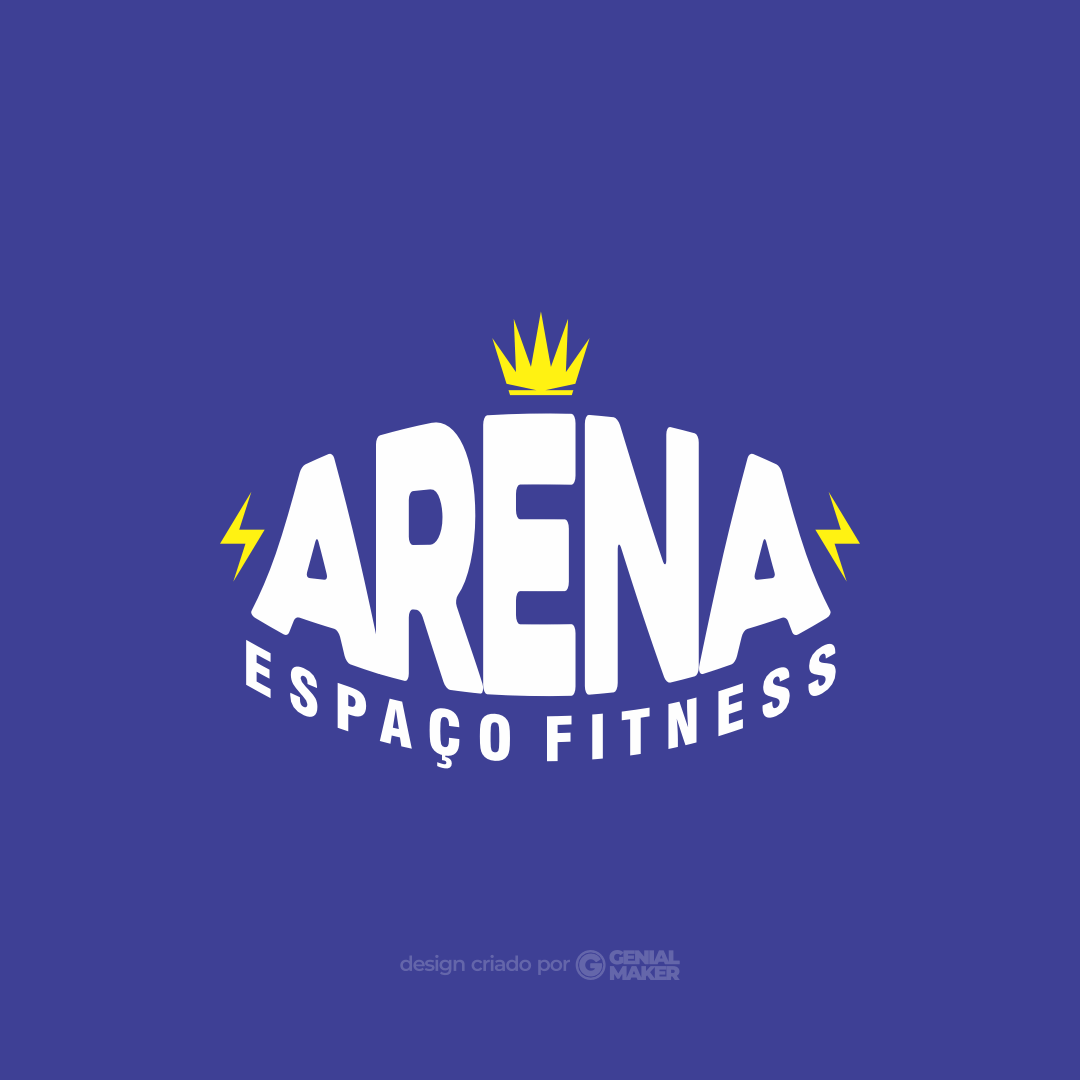 Logo academia: logotipo em um fundo azul escuro, com uma coroa amarela acima do escrito "Arena Espaço Fitness" em branco, e um raio amarelo em cada lado da escrita.