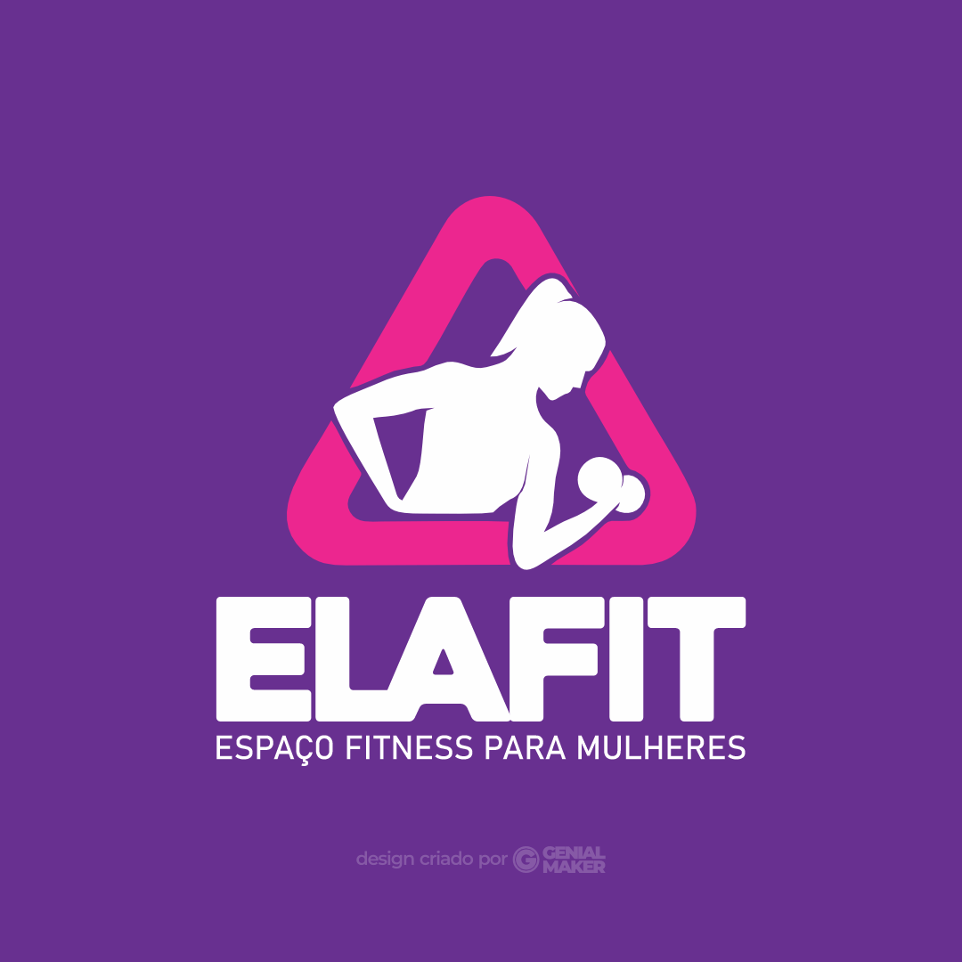 Logo academia: logotipo voltado para academias femininas, criado em um fundo lilás, com uma mulher usando um halter e, na parte de baixo, escrito em branco "Ela Fit, Espaço Fitness Para Mulheres".