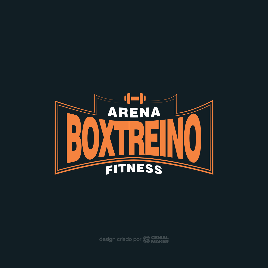 Logo academia: logotipo voltado para projetos de Crossfit. Criado em um fundo cinza escuro, escrito "Arena Box Treino Fitness" em branco e laranja, com um halter na parte de cima.