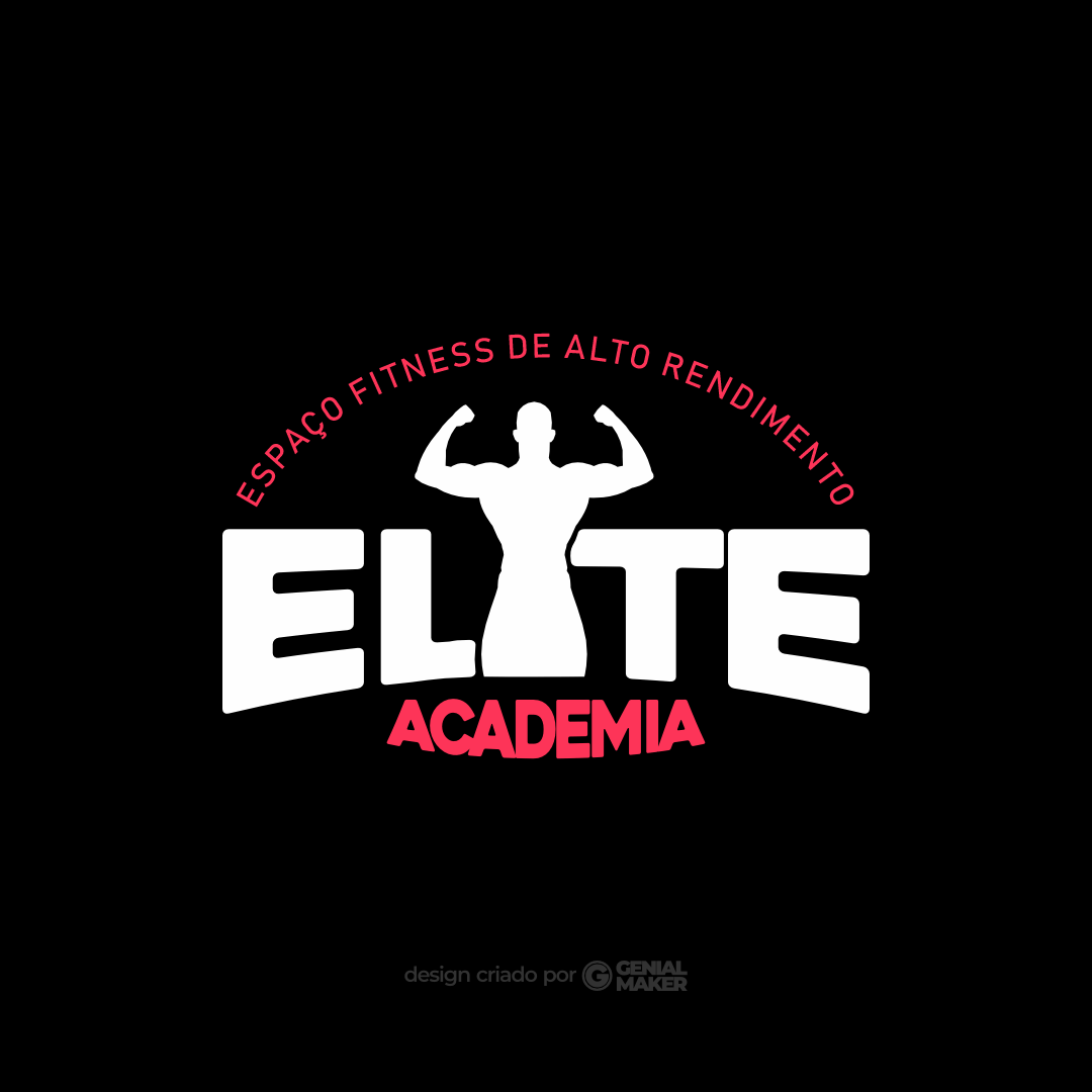 Logo academia: logotipo com fundo preto, escrito "Elite Academia" em branco e "Espaço fitness de alto rendimento" em rosa neon, com um homem ao centro da palavra "Elite" mostrando os músculos.