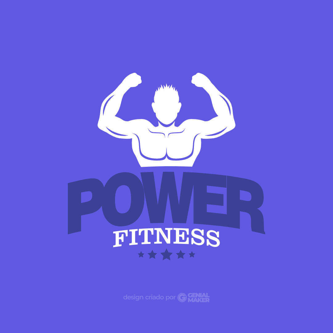 Logo academia: logotipo em um fundo azul claro, com um homem forte e musculoso na parte de cima, e na parte de baixo, escrito "Power Fitness", em azul escuro e branco.