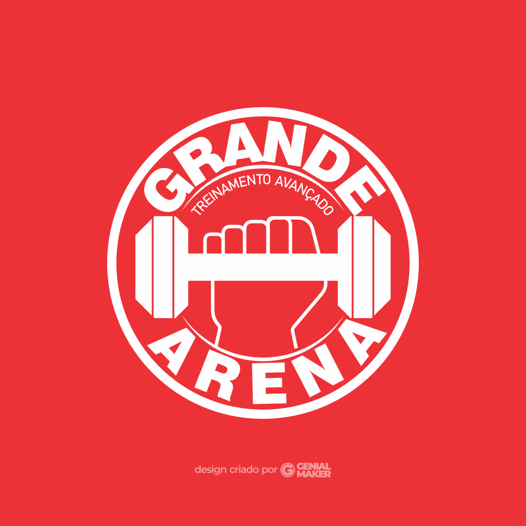 Logo academia: logotipo em um fundo vermelho, escrito em branco "Grande Arena, treinamento avançado, dentro de um círculo, com uma mão segurando um halter grande.