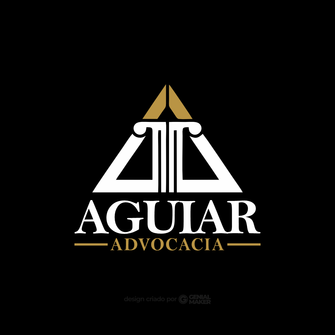 Logo advogado: logotipo criado em um fundo preto, com um pilar grego na parte de cima e escrito "Aguiar Advocacia" em branco e bege, na parte de baixo.