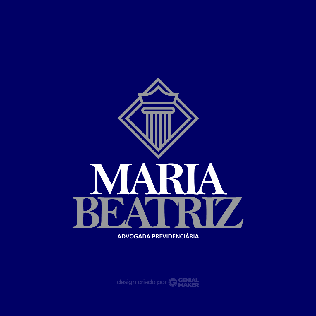 Logo advogado: logotipo criado no fundo azul, com uma coluna grega dentro de um quadrado, escrito "Maria Beatriz, advogada previdenciária" em branco e cinza.