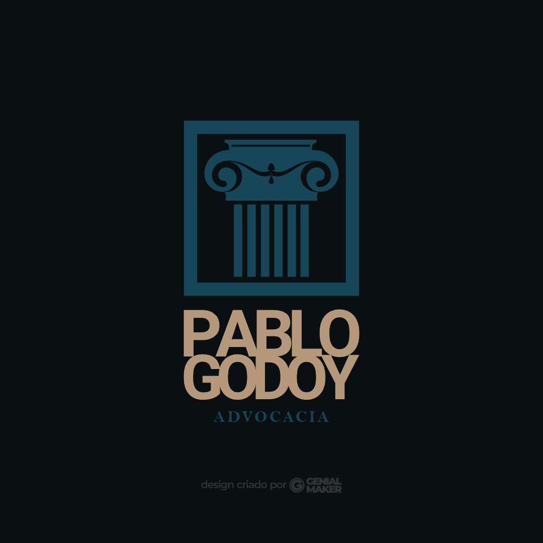 Logo advogado: logotipo criado em um fundo escuro, com uma coluna grega dentro de um quadrado, escrito "Pablo Godoy Advocacia", em bege e azul claro.