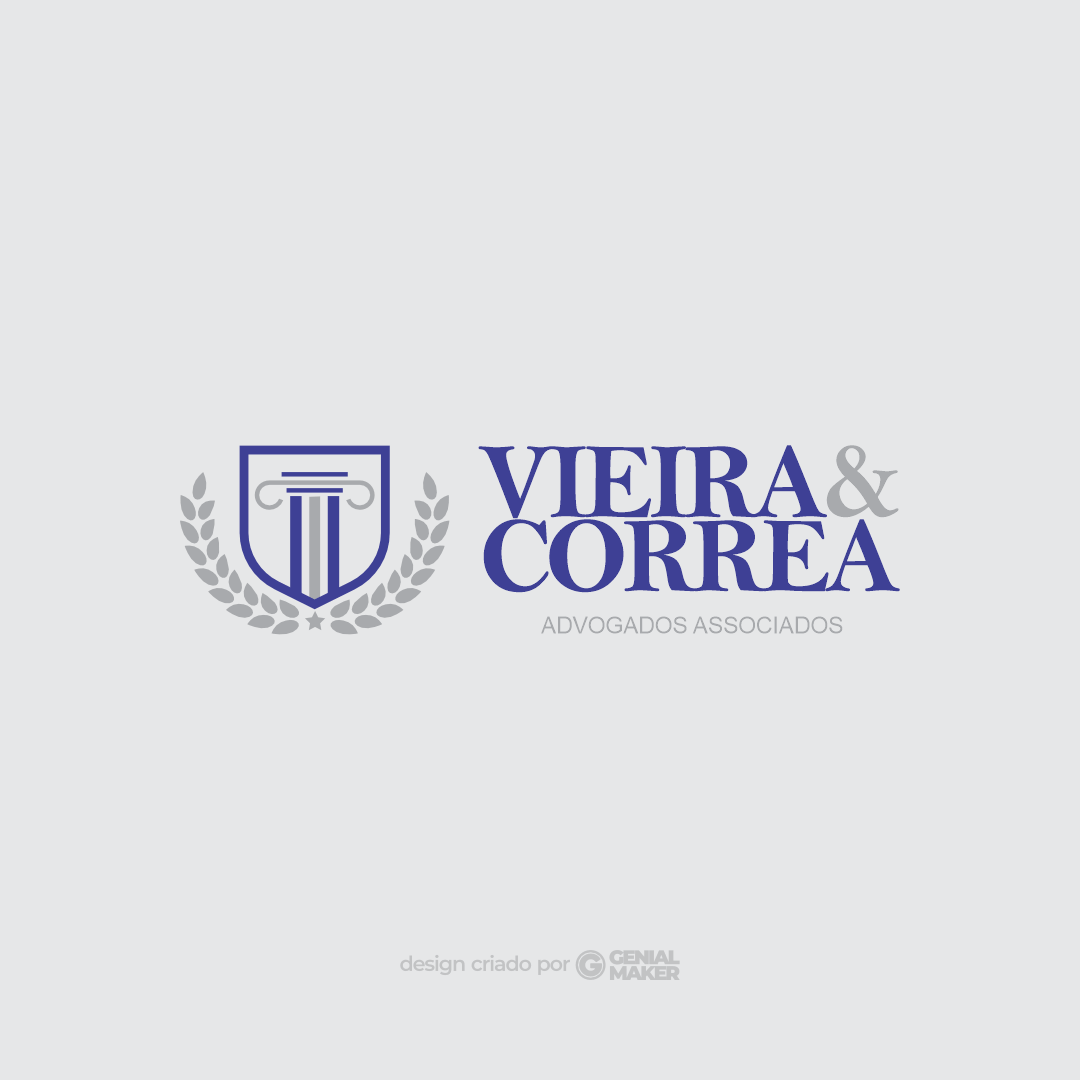 Logo advogado: logotipo criado no fundo cinza, com um brasão e uma coluna grega, escrito "Vieira & Correa, advogados associados", em azul escuro e cinza escuro.