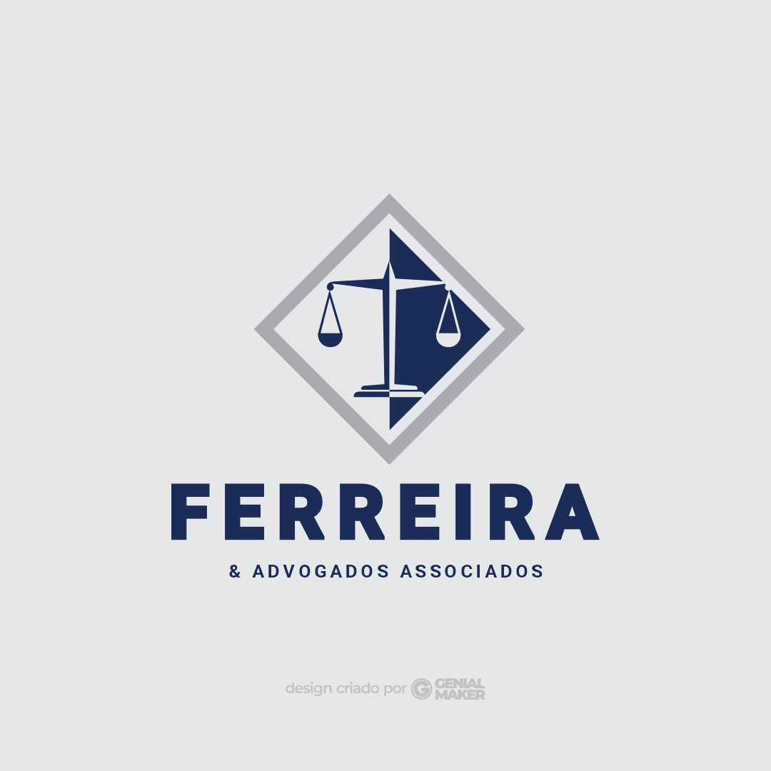 Logo advogado: logotipo criado no fundo cinza, com a balança do direito e escrito "Ferreira & Advogados Associados" em azul marinho e cinza escuro.