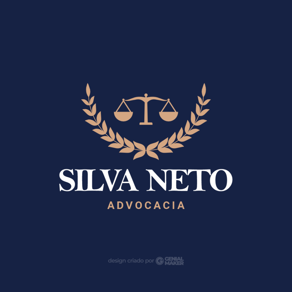 Logo advogado: logotipo criado no fundo azul marinho, com o ícone do direito, escrito "Silva Neto Advocacia", em branco e bege.