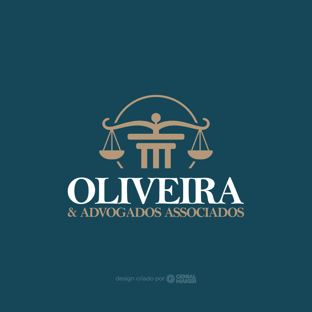 Logo advogado: logotipo criado no fundo azul marinho, com ícone da balança do direito, escrito "Oliveira & Advogados Associados" em branco e bege claro.