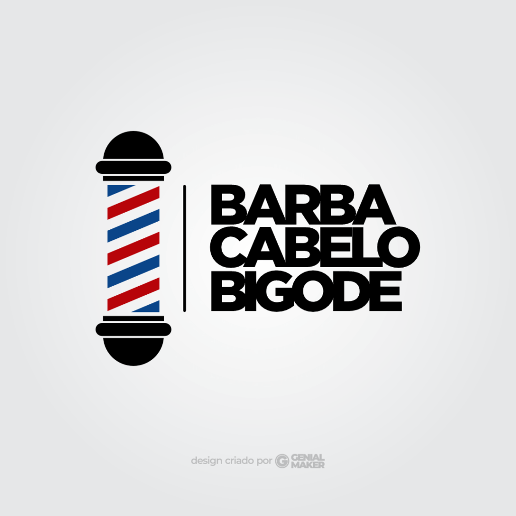 Logo barbearia: logotipo criado no fundo cinza, com um barber pole preto, azul e vermelho, escrito "Barba, Cabelo e Bigode" na cor preta.