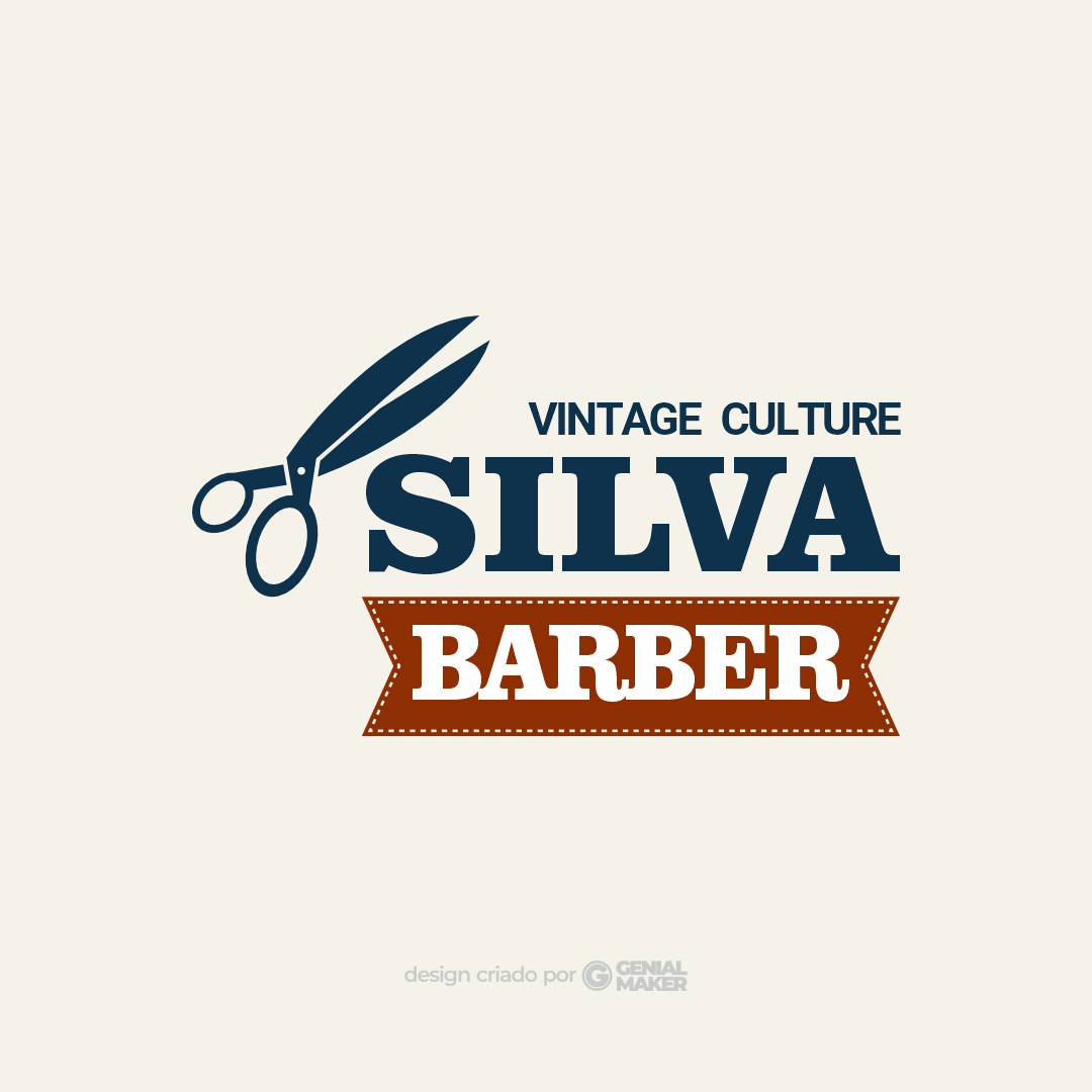 Logo barbearia: logotipo criado no fundo cinza, com uma tesoura na lateral, escrito "Silva Barber, vintage culture" em azul marinho e branco.