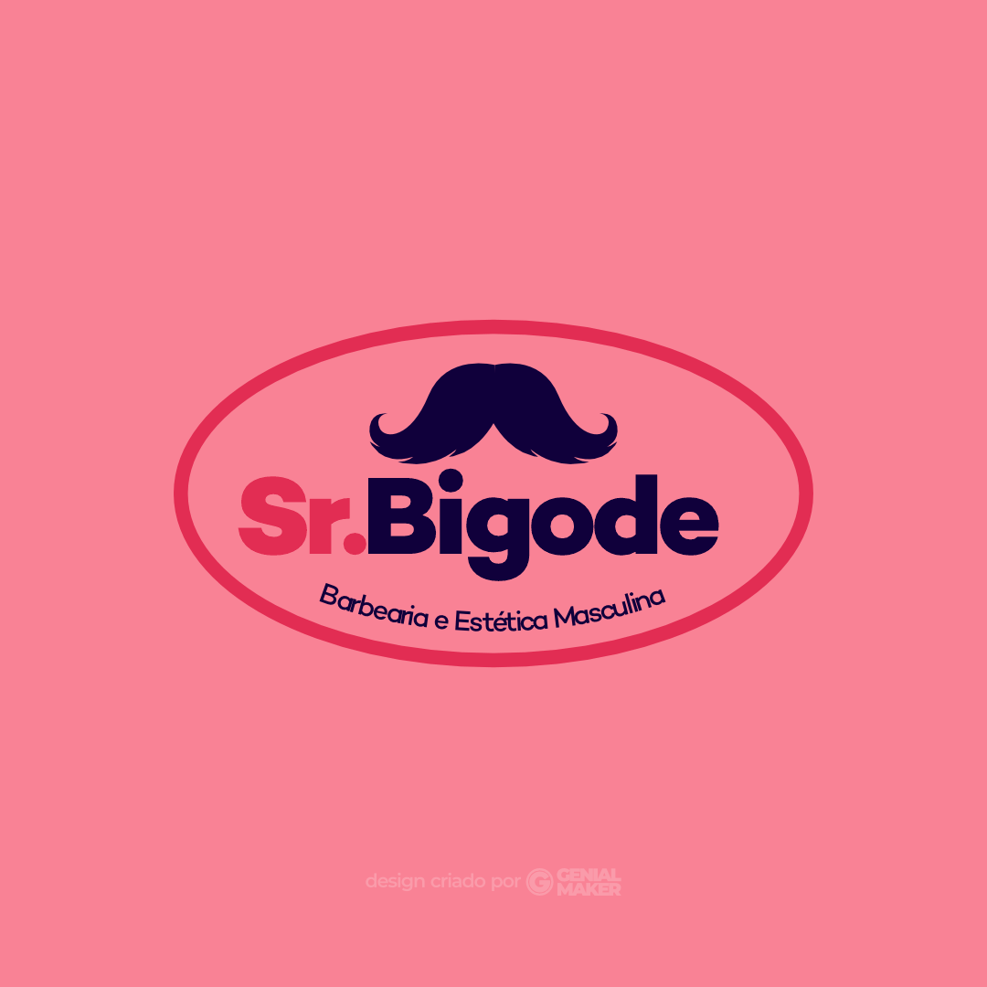 Logo barbearia: logotipo criado no fundo rosa claro, com um bigode e escrito "Sr. Bigode, barbearia e estética masculina", na cor rosa escuro e azul marinho.