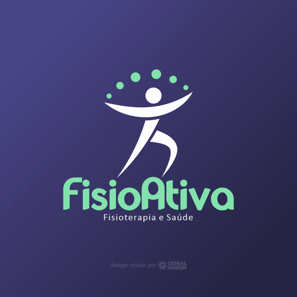 Logo fisioterapeuta: logotipo criado no fundo azul marinho, escrito "Fisio Ativa: Fisioterapia e Saúde", nas cores verde água e branco, com ícone de pessoa com braços abertos na parte de cima.