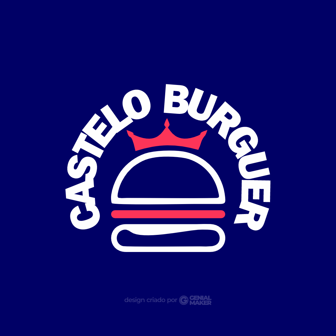 Logo hamburgueria: logotipo criado no fundo azul, com detalhes branco e vermelho, escrito "Castelo Burguer" de forma curva e, embaixo um hamburguer com coroa de rei.