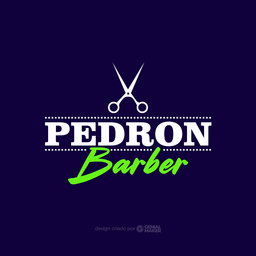 Logo barbearia: logotipo criado no fundo azul marinho, com uma tesoura de cortar cabelo e escrito "Pedron Barber" em branco e verde limão.