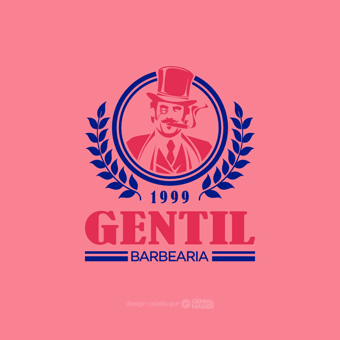 Logo barbearia: logotipo criado em um fundo rosa claro, escrito "Gentil Barbearia" em rosa escuro e azul, e com o desenho de um barão com cartola rosa escuro e algumas folhas em volta, transmitindo uma imagem retrô.