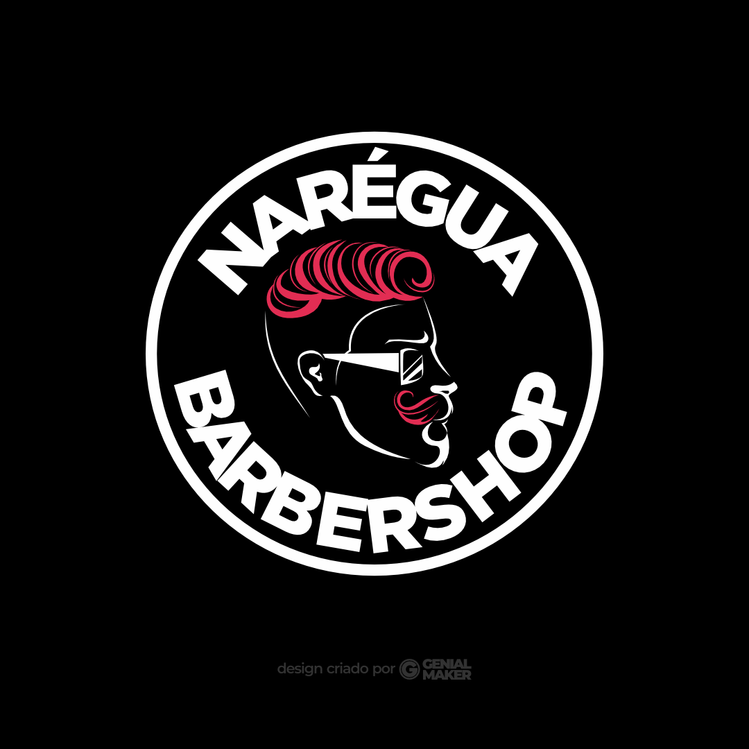 Logo barbearia: logotipo criado em um fundo preto, escrito "Na Régua Barber shop" em branco, dentro de um círculo, e um homem na cor branca, com cabelos e bigode na cor rosa. 