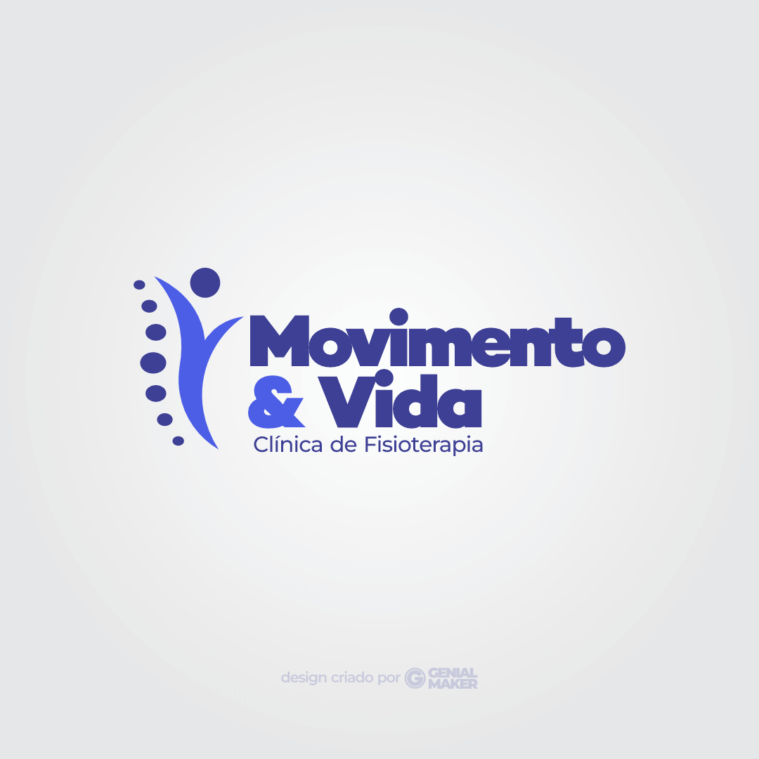 Logo fisioterapeuta: logotipo criado nas cores azul e roxo, no fundo cinza claro, escrito "Movimento & Vida: Clínica de Fisioterapia", com ícone de pessoa em movimento, no lado esquerdo.