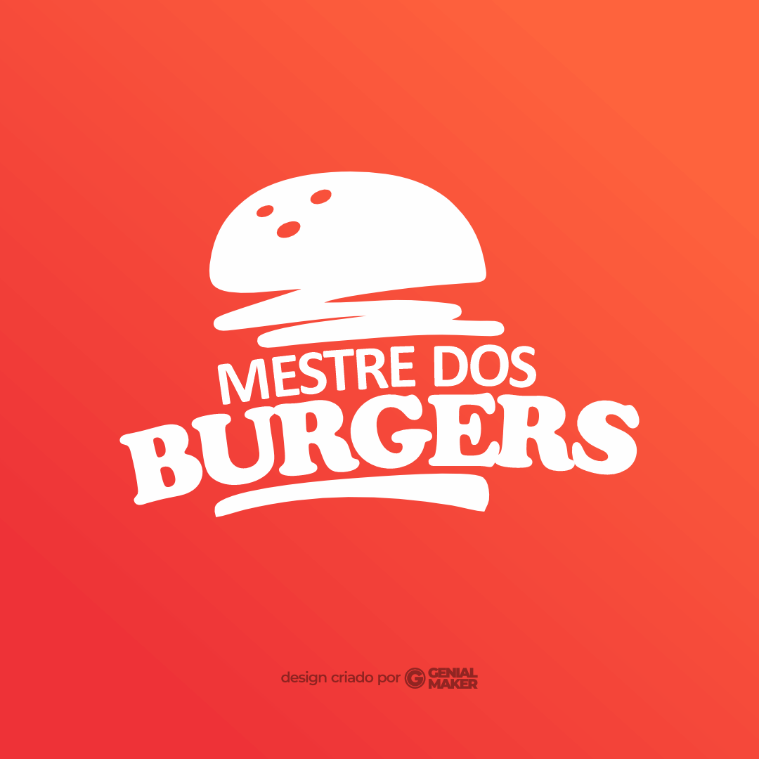 Logo hamburgueria: logotipo branco criado no fundo laranja, escrito "Mestre dos Burguers" no meio do pão, dando impressão de sanduíche grande e divertido. 