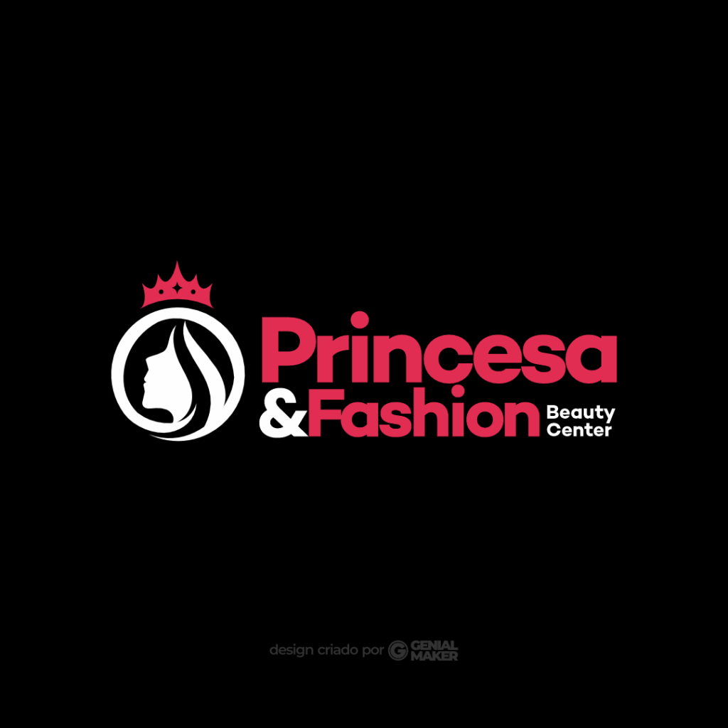 Logo salão de beleza: logotipo em um fundo preto, com ícones de mulher e coroa, escrito "Princesa & Fashion Beauty Center", em branco e rosa.