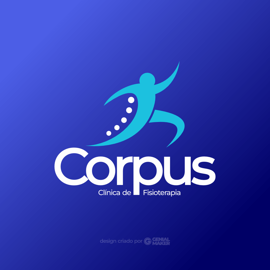 Logo fisioterapeuta: logotipo criado no fundo azul escuro, escrito "Corpus Clínica de Fisioterapia" em branco, e com ícone azul claro de pessoa em movimento.