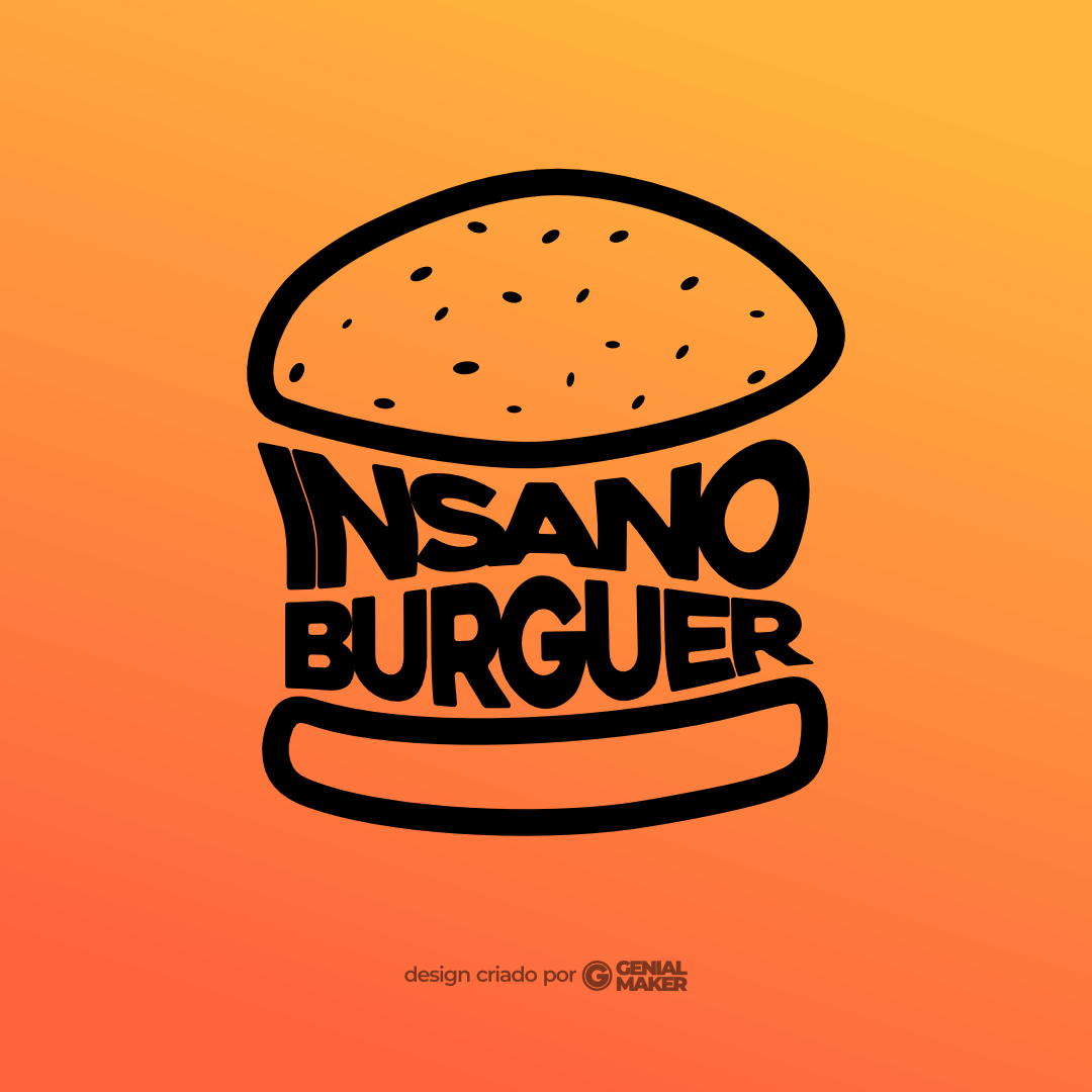 Logo hamburgueria: logotipo criado no fundo degradê laranja, em formato de hamburguer, escrito "Insano Burguer" em preto, entre os pães.