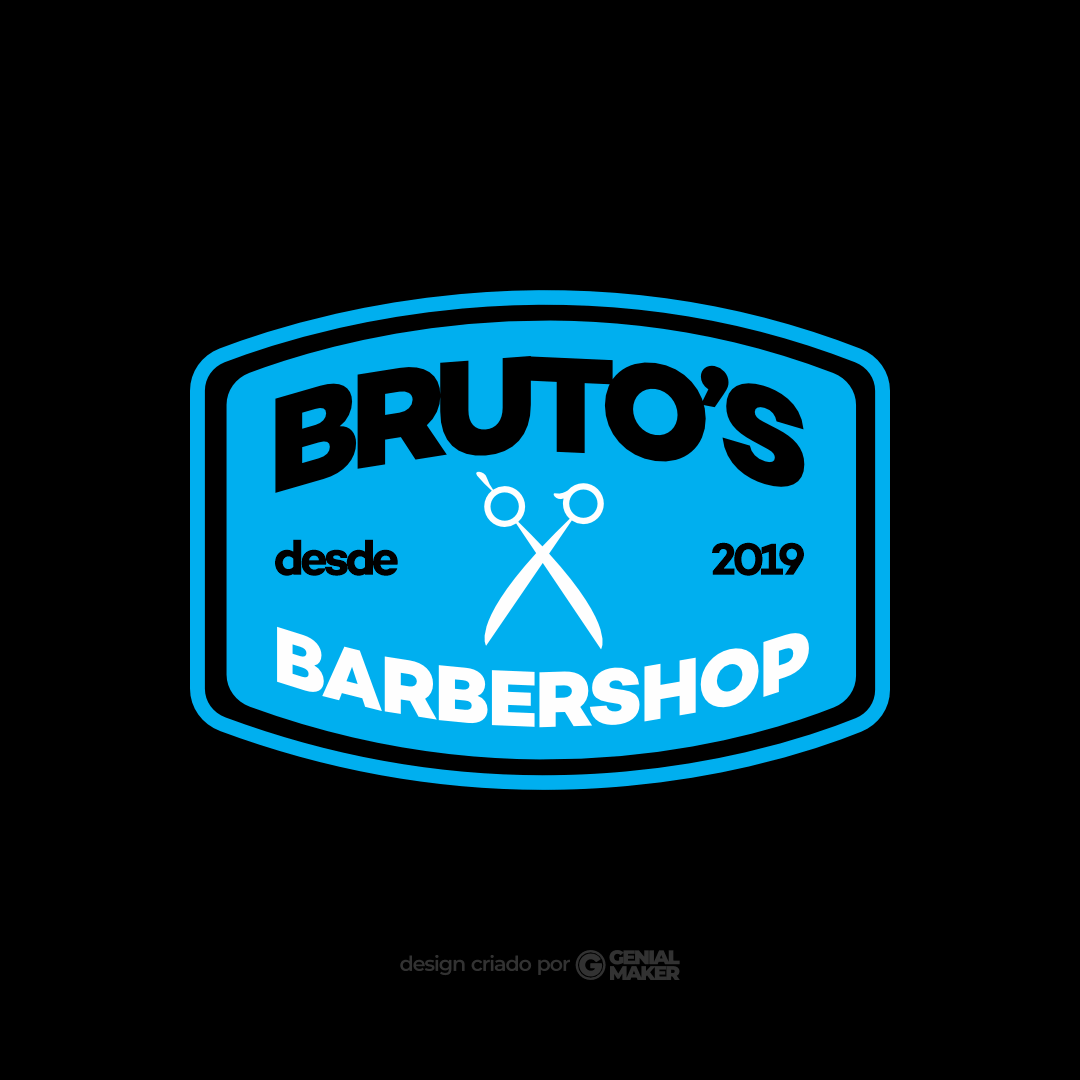 Logo barbearia: logotipo criado no fundo preto, em uma placa azul claro, escrito "Bruto's Barber Shop" na cor preto e branco, com uma tesoura de cabeleireiro no meio.