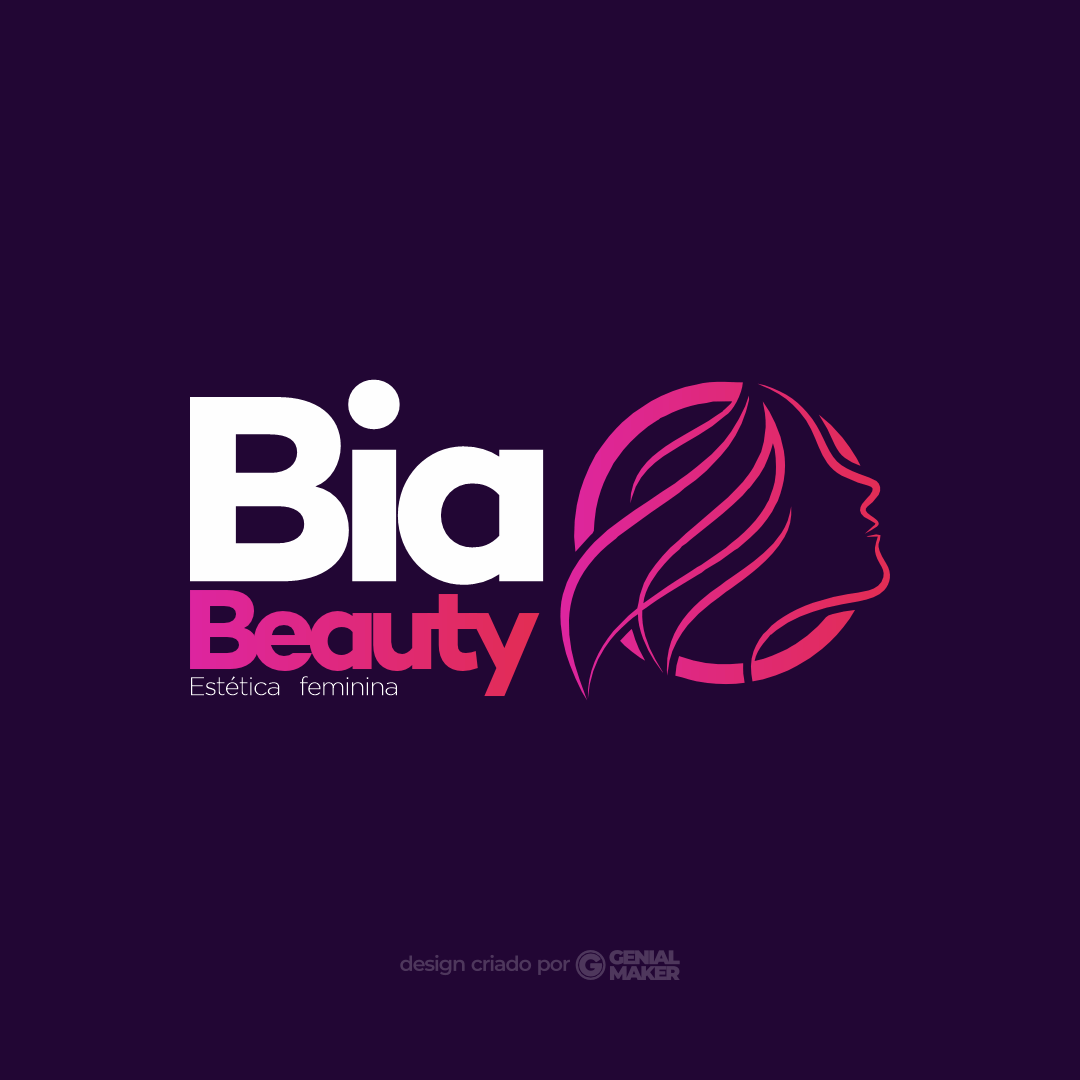 Logo salão de beleza: logotipo criado em fundo roxo, com ícone de mulher, escrito "Bia Beauty Estética Feminina" em branco e tons de rosa.