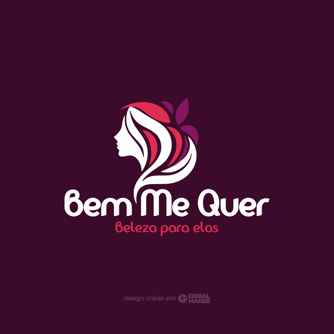 Logo salão de beleza: logotipo criado no fundo roxo, com uma mulher de cabelos bonitos, escrito "Bem Me Quer, Beleza para Elas", em branco e tons de rosa e roxo.