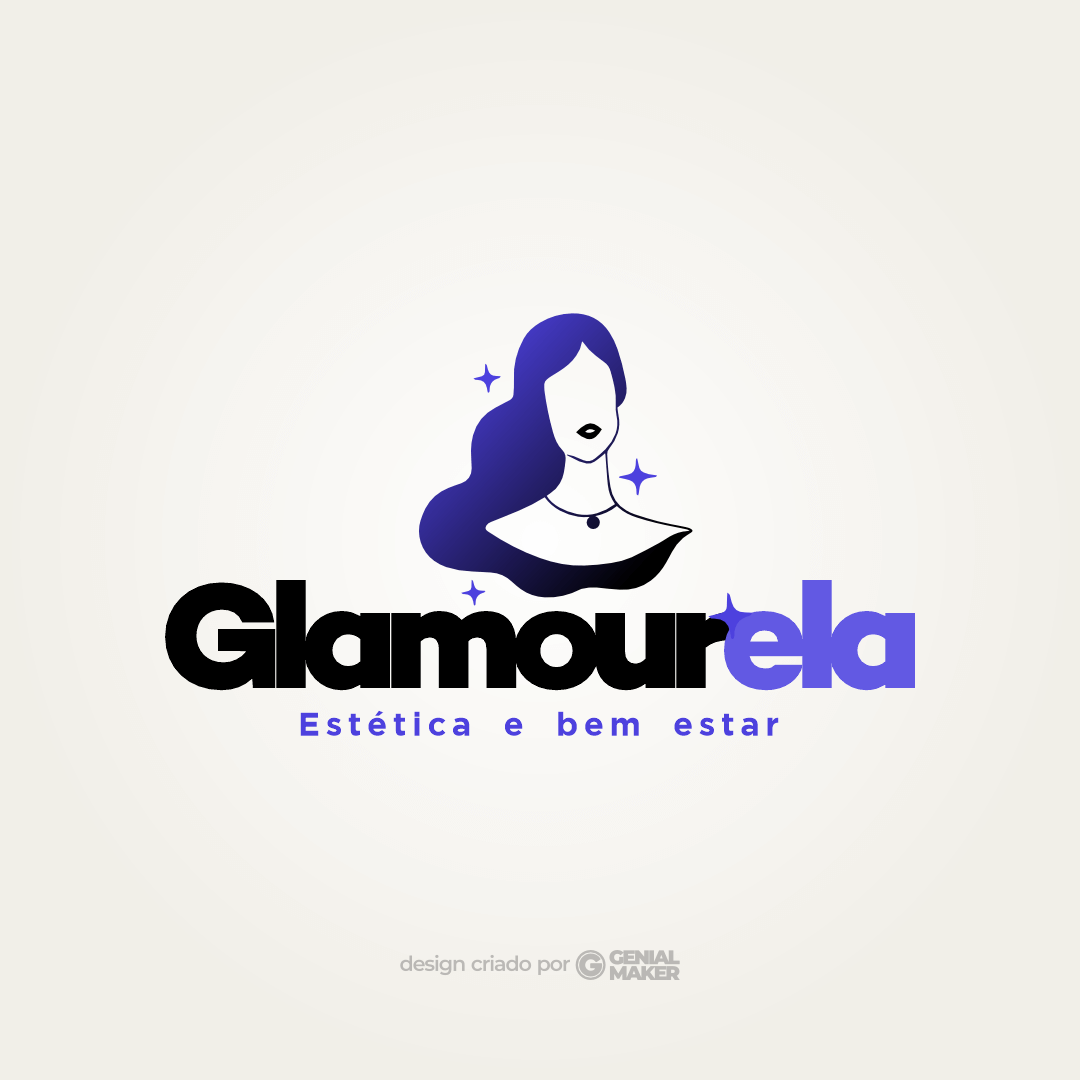 Logo salão de beleza: logotipo criado em um fundo claro, com uma mulher de cabelos longos e brilhosos, escrito "Glamourela Estética e Bem Estar", em preto e roxo.