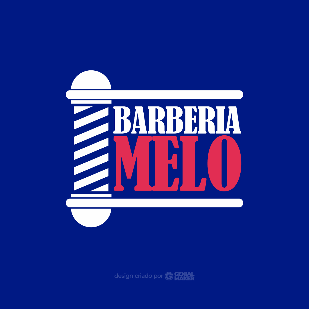 Logo barbearia: logotipo criado no fundo azul marinho, com um barber pole e escrito "Barbearia Melo", em branco e vermelho.