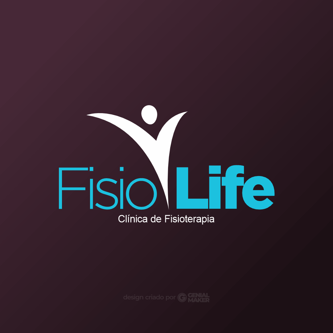 Logo fisioterapeuta: logotipo criado no fundo marrom escuro, escrito em azul claro e branco "Fisio Life: Clínica de Fisioterapia", com ícone em formato de pessoa despertando entre as palavras.