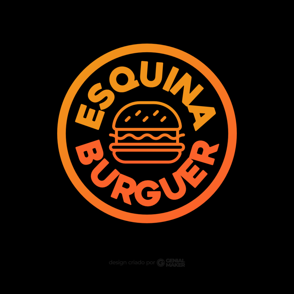 Logo hamburgueria: logotipo criado no fundo preto, em formato de círculo, com um hamburguer ao centro e, em volta, escrito "Esquina Burguer", em laranja e amarelo.