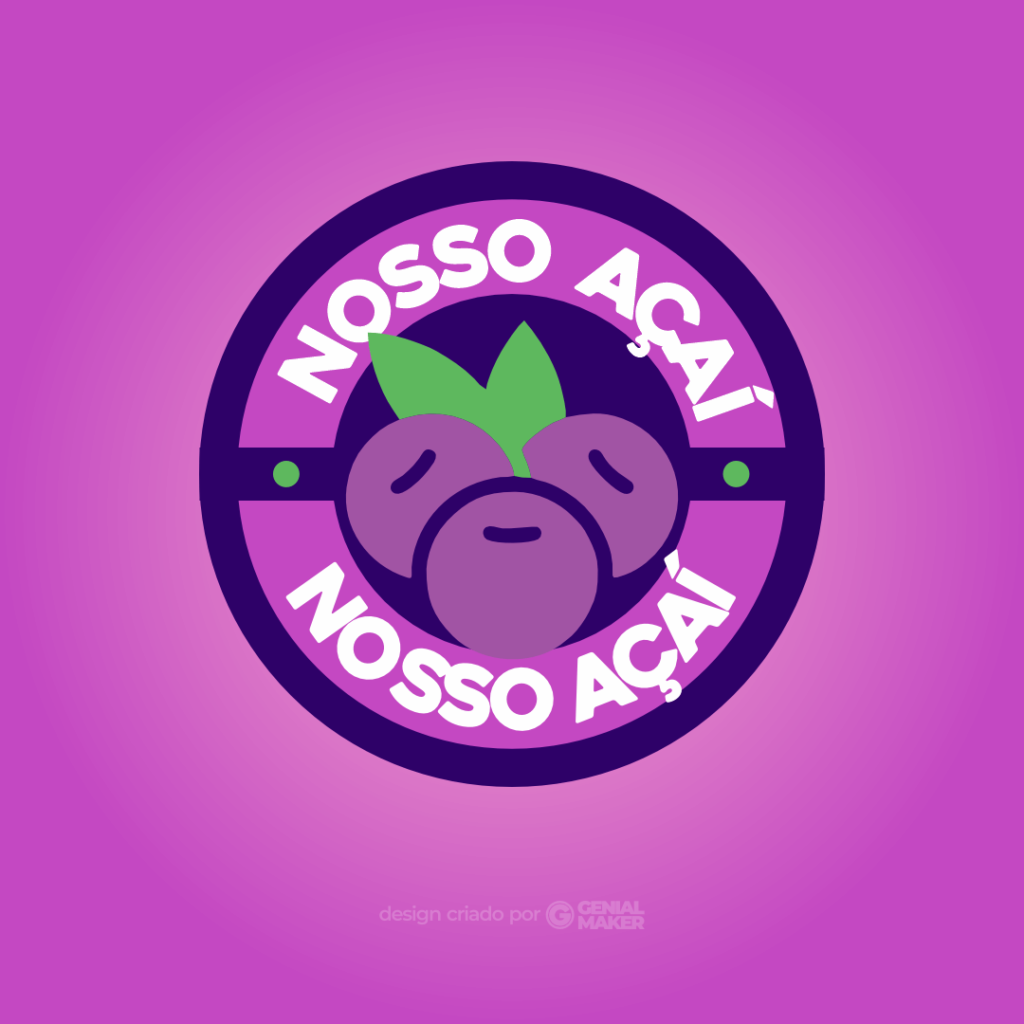 Logo açaí: logotipo criado no fundo lilás, em formato de círculo, com frutas de açaí no meio e, em volta, escrito "Nosso Açaí" duas vezes.