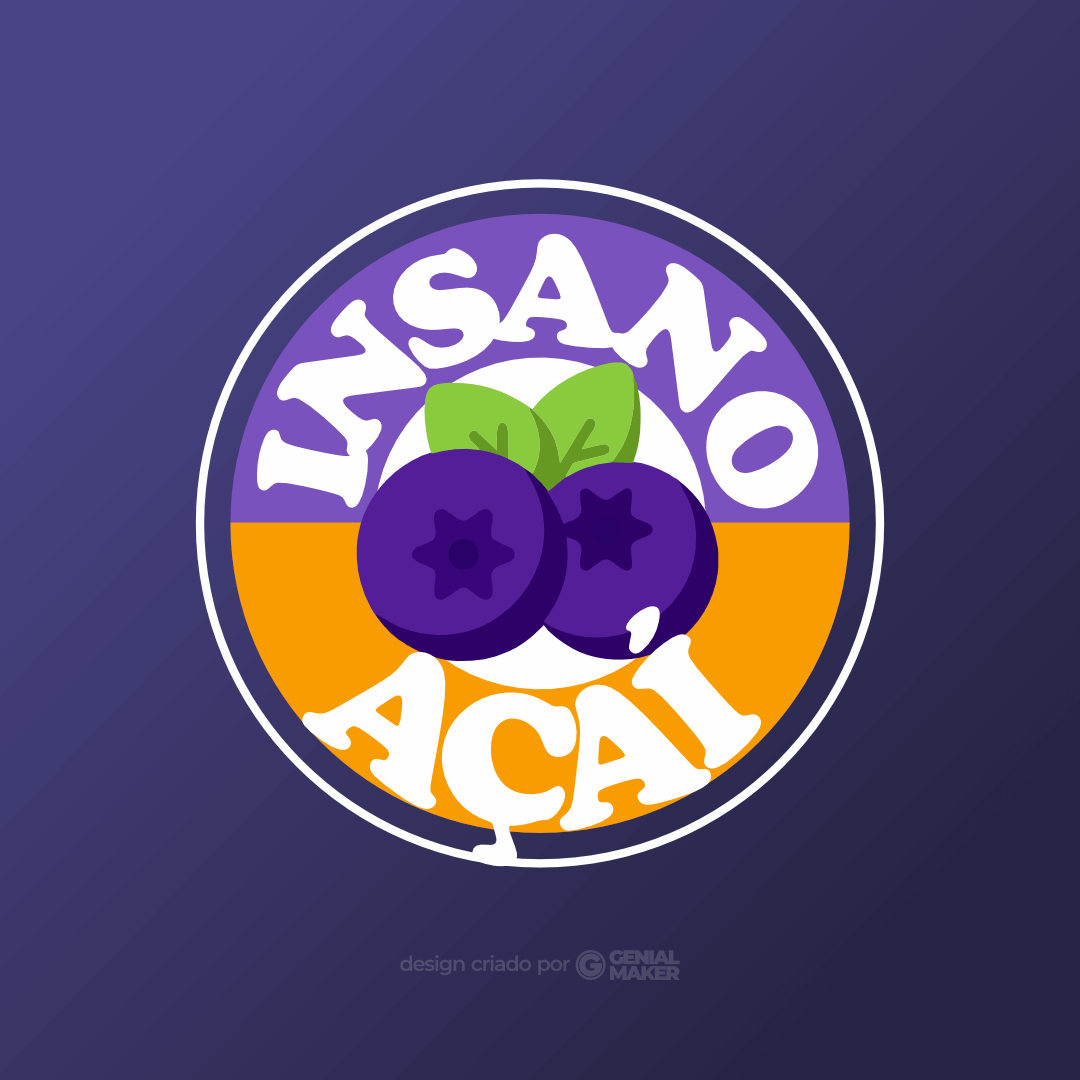 Logo açaí: logotipo criado no fundo roxo escuro, em formato de círculo, escrito "Insano Açaí" com frutas de açaí nas cores roxo e folhas verdes, no centro do círculo.