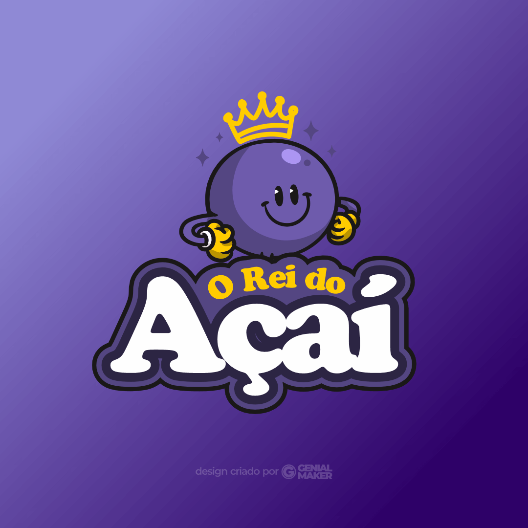 Logo açaí: logotipo criado no fundo roxo, escrito "O Rei do Açaí", com fruta de açaí grande, sorridente e com uma coroa na cabeça.