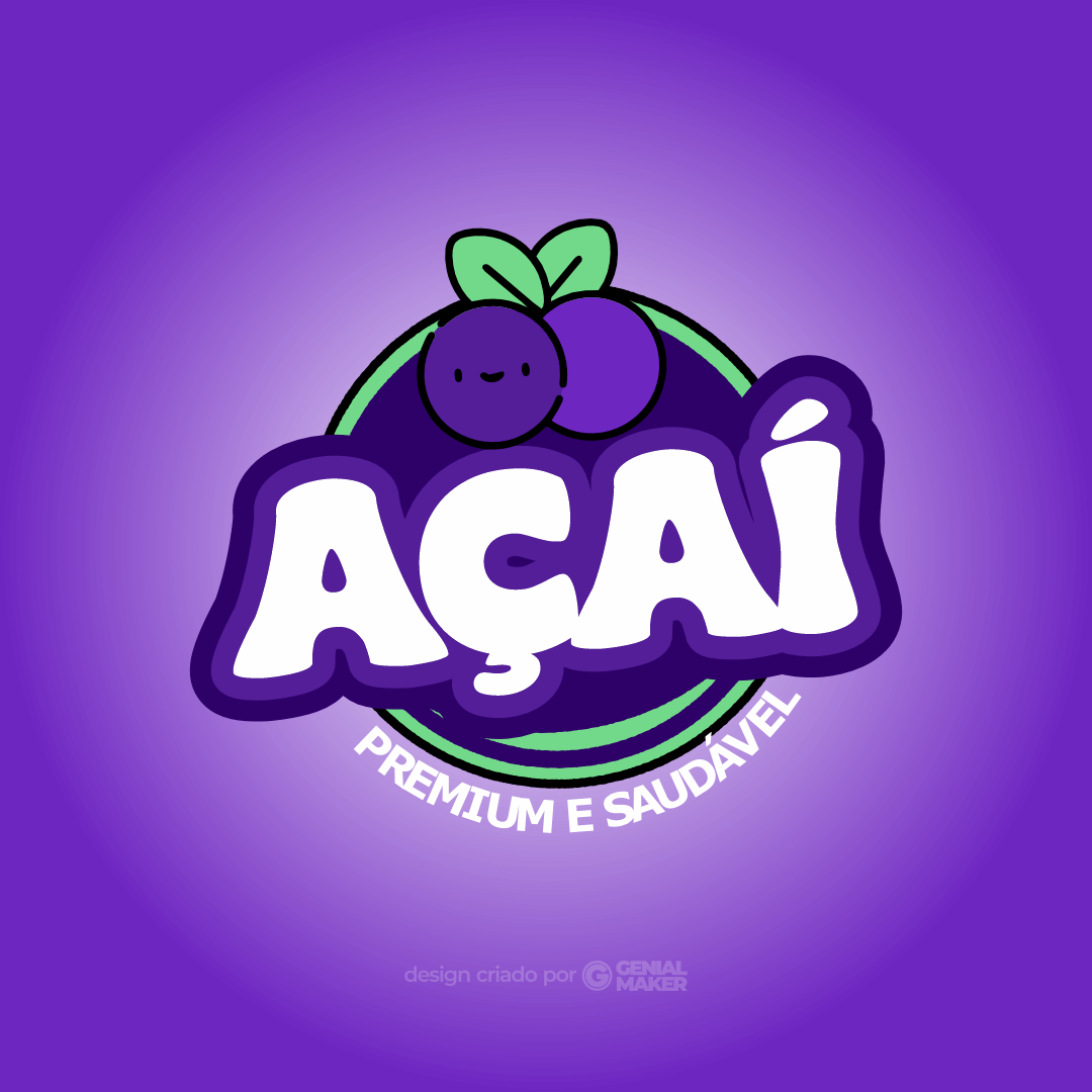 Logo açaí: logotipo criado em branco, roxo e verde neon, escrito "Açaí" grande e "Premium e Saudável" menor, com ícones de pequenas frutas de açaí na parte de cima.