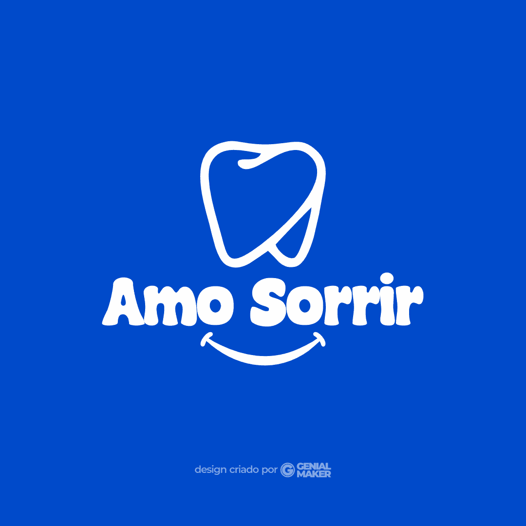 Logo dentista: logotipo criado do fundo azul, com ícone de dente branco e um sorriso, e escrito "Amo Sorrir". A ideia foi fazer um logo de clínica odontológica popular.