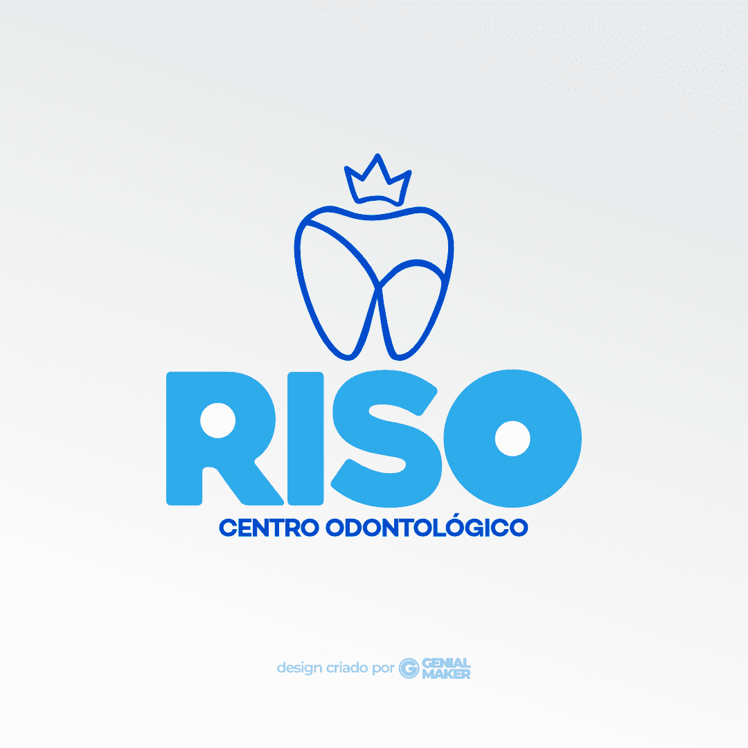 Logo dentista: logotipo criado no fundo claro, com ícone e coroa de rei na cor azul, escrito "Riso: Centro Odontológico".