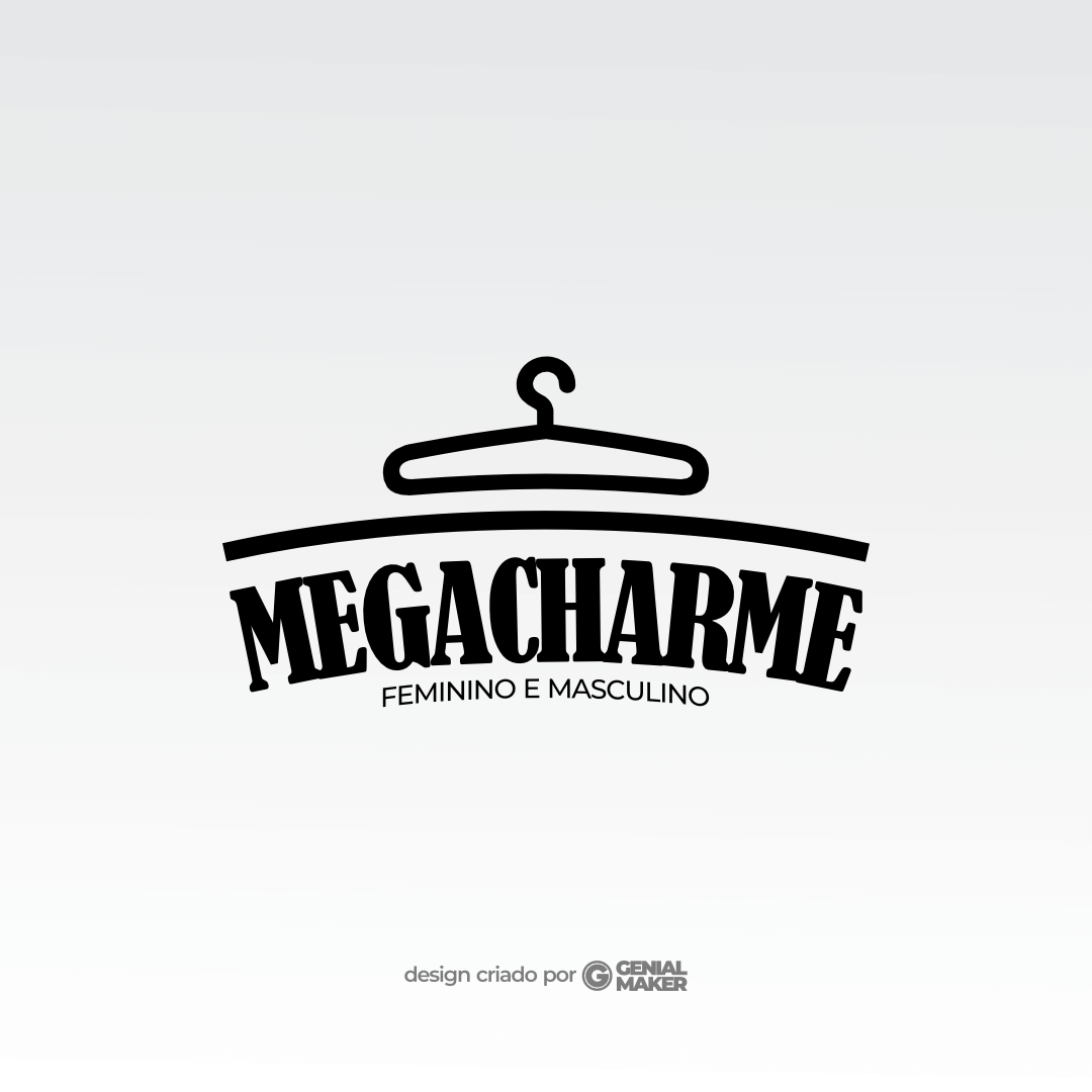 Logo loja de roupas: logotipo criado no fundo cinza claro, escrito em preto "Mega Charme Feminino e Masculino" e com um cabide de roupas em cima.