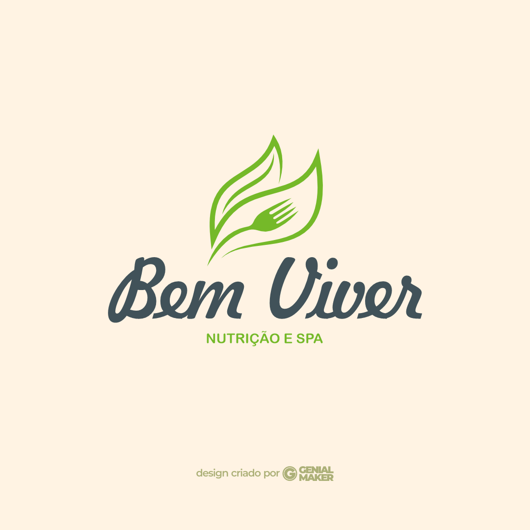 Logo nutricionista: logotipo criado no fundo bege, com ícone de talher e folha na parte de cima e embaixo, escrito "Bem Viver Nutrição s SPA", nas cores cinza escuro e verde.