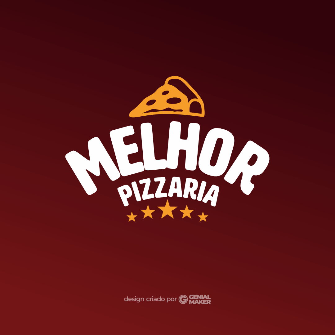 Logo pizzaria: logotipo criado no fundo marrom escuro, com uma fatia de pizza em cima e, embaixo, de forma curvada, escrito em branco "Melhor Pizzaria", com 5 estrelas amarelas.