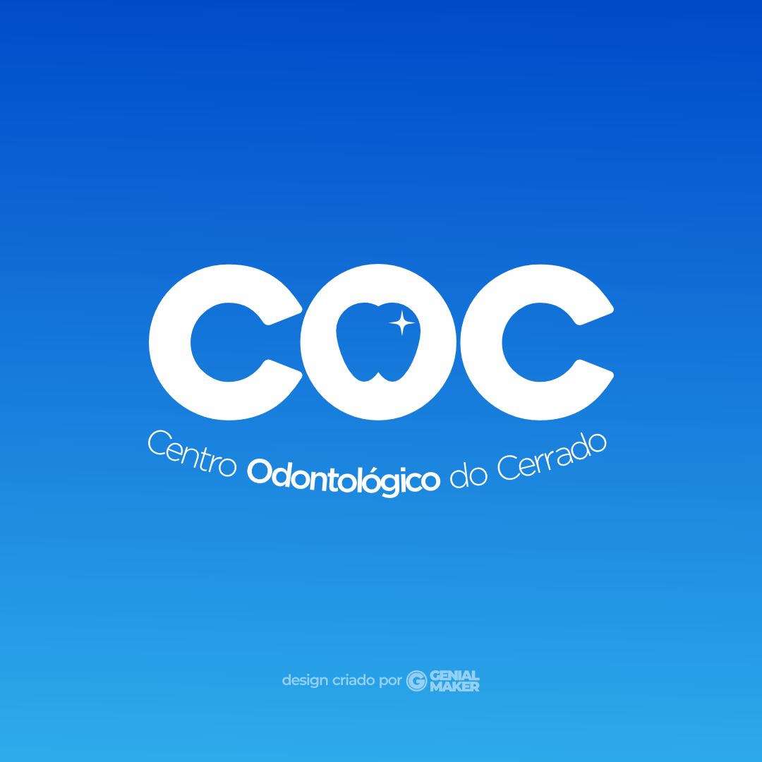 Logo dentista: logotipo branco criado do fundo azul, escrito "COC" com desenho de dente na letra "O". COC é a abreviação de "Centro Odontológico" do Cerrado", que está escrito logo abaixo.