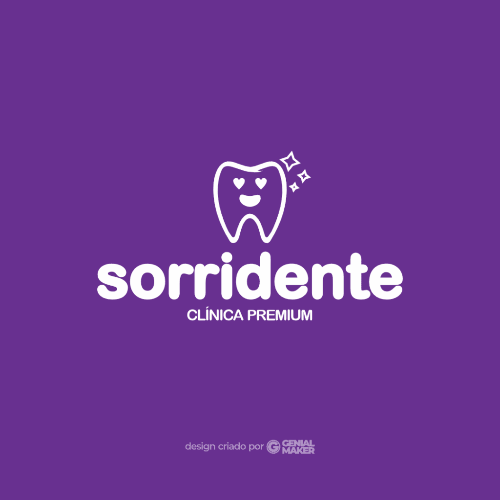 Logo dentista: logotipo branco criado no fundo roxo, com ícone de dente sorridente e brilhoso, junto com a escrita "Sorridente: Clínica Premium", em branco.