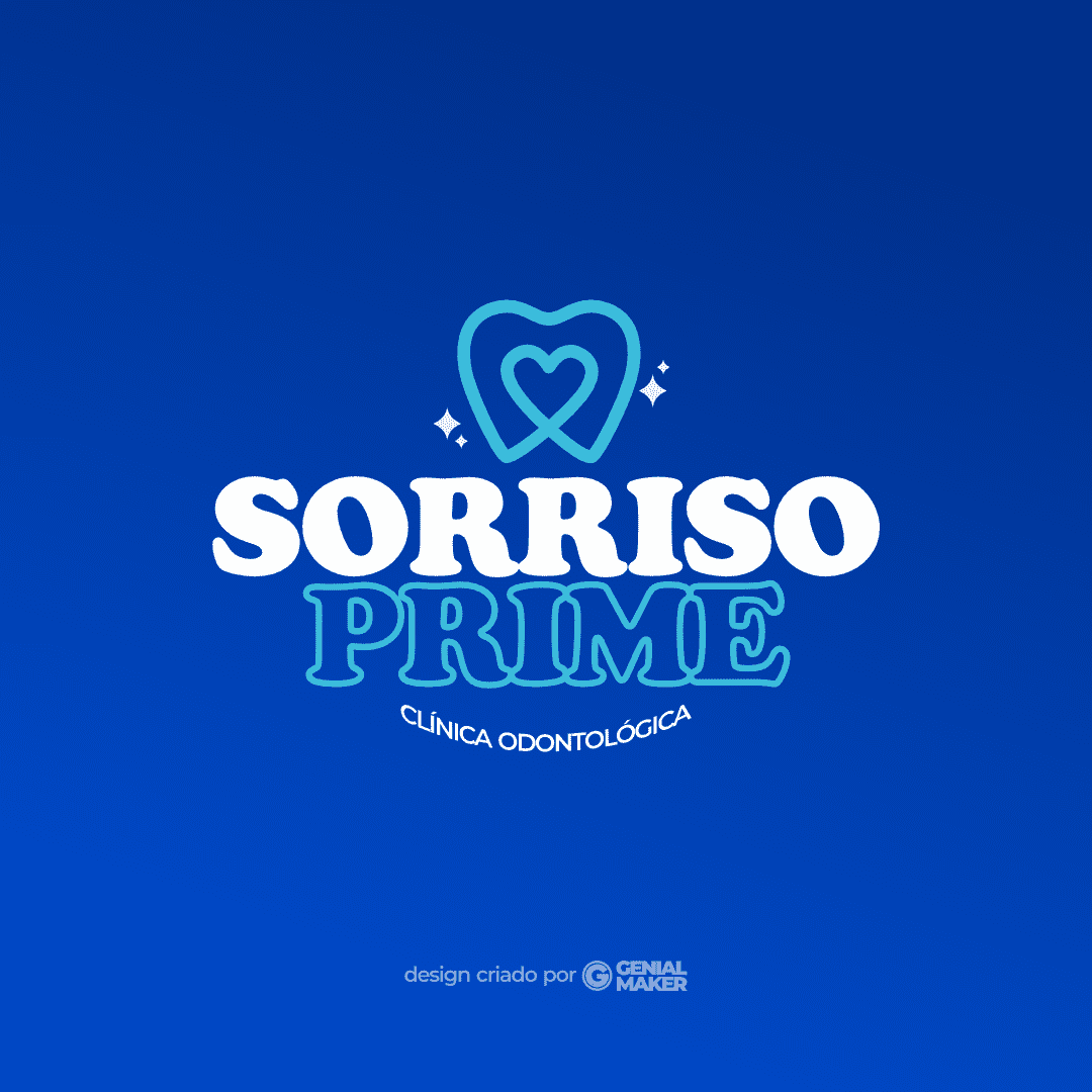 Logo dentista: logotipo criado no fundo  azul, com um ícone de dente brilhando na parte de cima e, na parte de baixo escrito "Sorriso Prime: Clínica Odontológica".