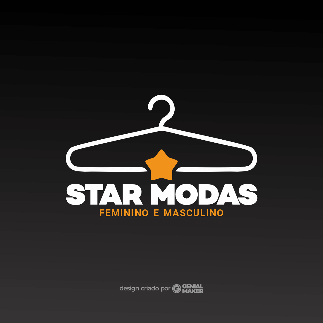 Logo loja de roupas: logotipo criado no fundo preto, escrito em branco e amarelo "Star Modas, Feminino e Masculino", com um cabide de roupas e uma estrela amarela em cima. 