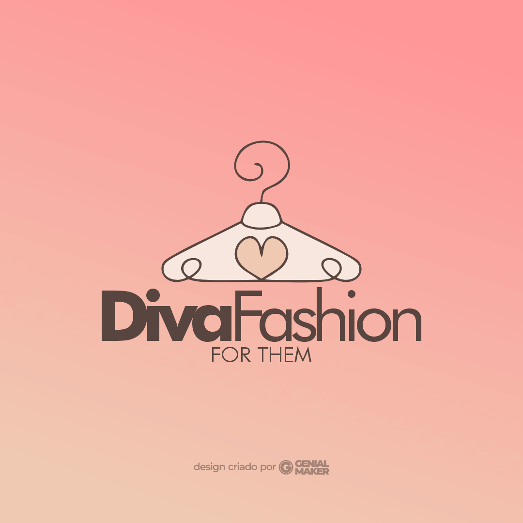 Logo loja de roupas: logotipo criado no fundo rosa e bege, com um cabide de roupas em formato de coração, escrito "Diva Fashion for Them" em marrom escuro.