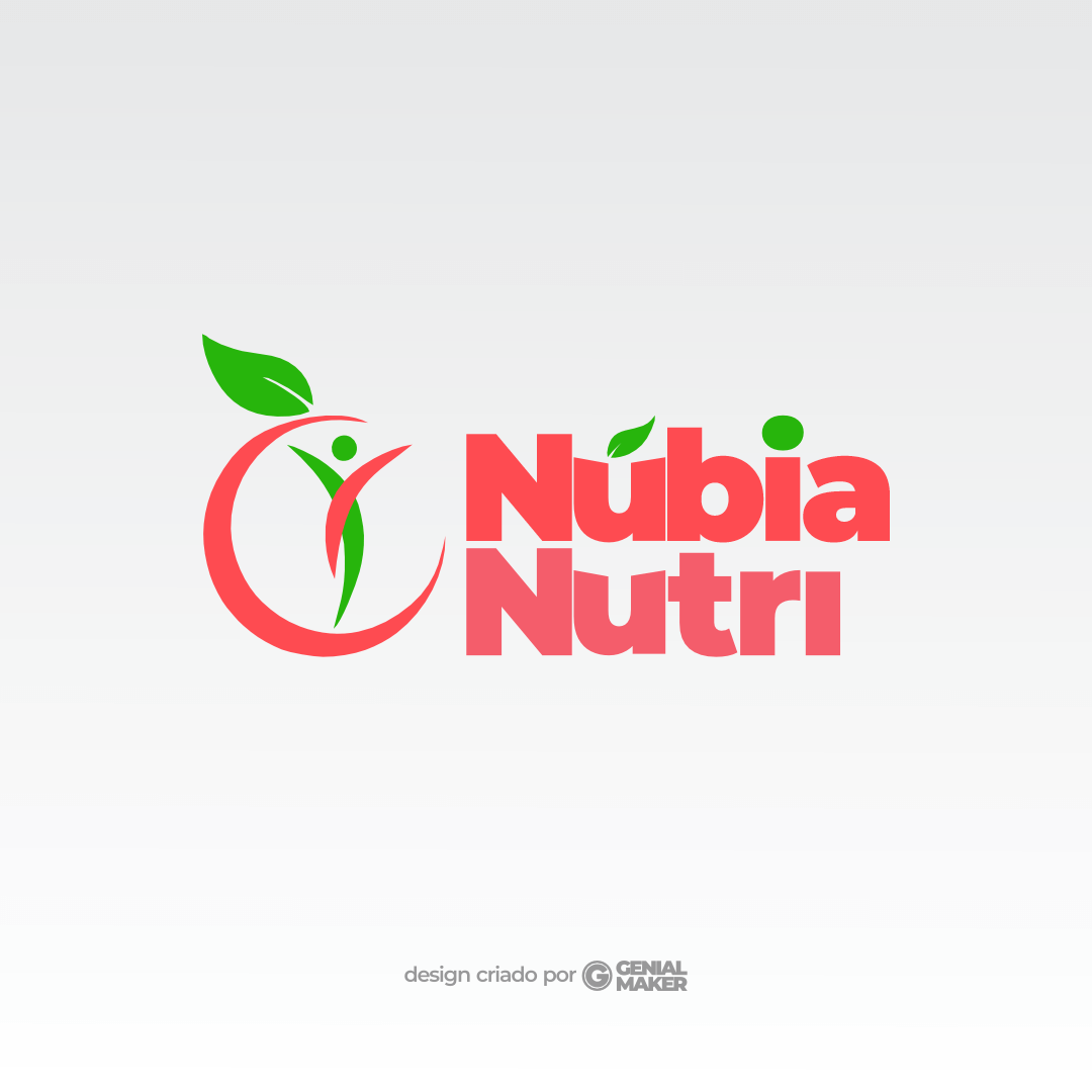 Logo nutricionista: logotipo criado no fundo claro, com ícone de uma fruta e uma pessoa saudável dentro, ao lado, escrito "Núbia Nutri" em vermelho e rosa.