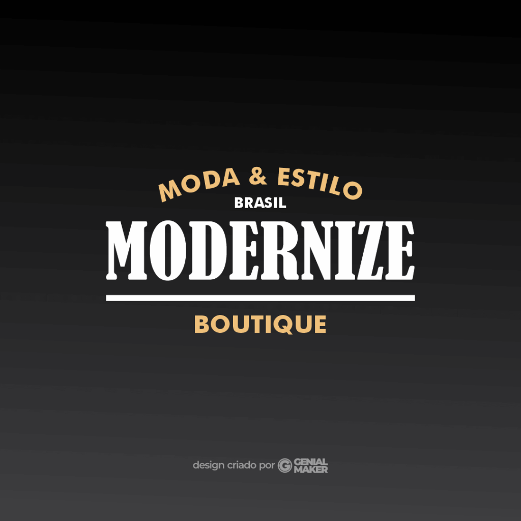 Logo loja de roupas: logotipo criado no fundo preto, escrito "Modernize Boutique Moda & Estilo" em branco e amarelo.