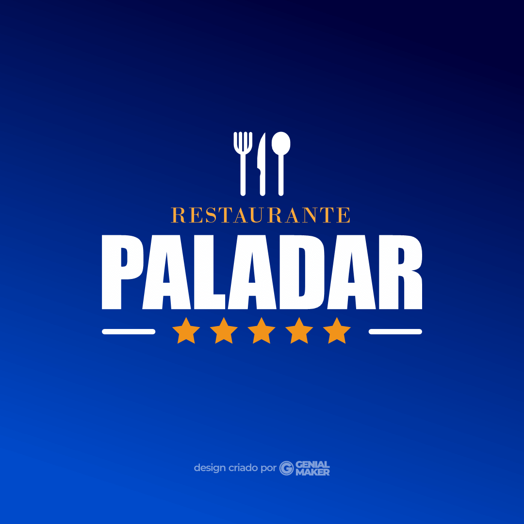 Logo restaurante: logotipo criado no fundo azul, com ícones de talhares na parte de cima, embaixo escrito "Restaurante Paladar" em amarelo e branco e com ícones de 5 estrelas.